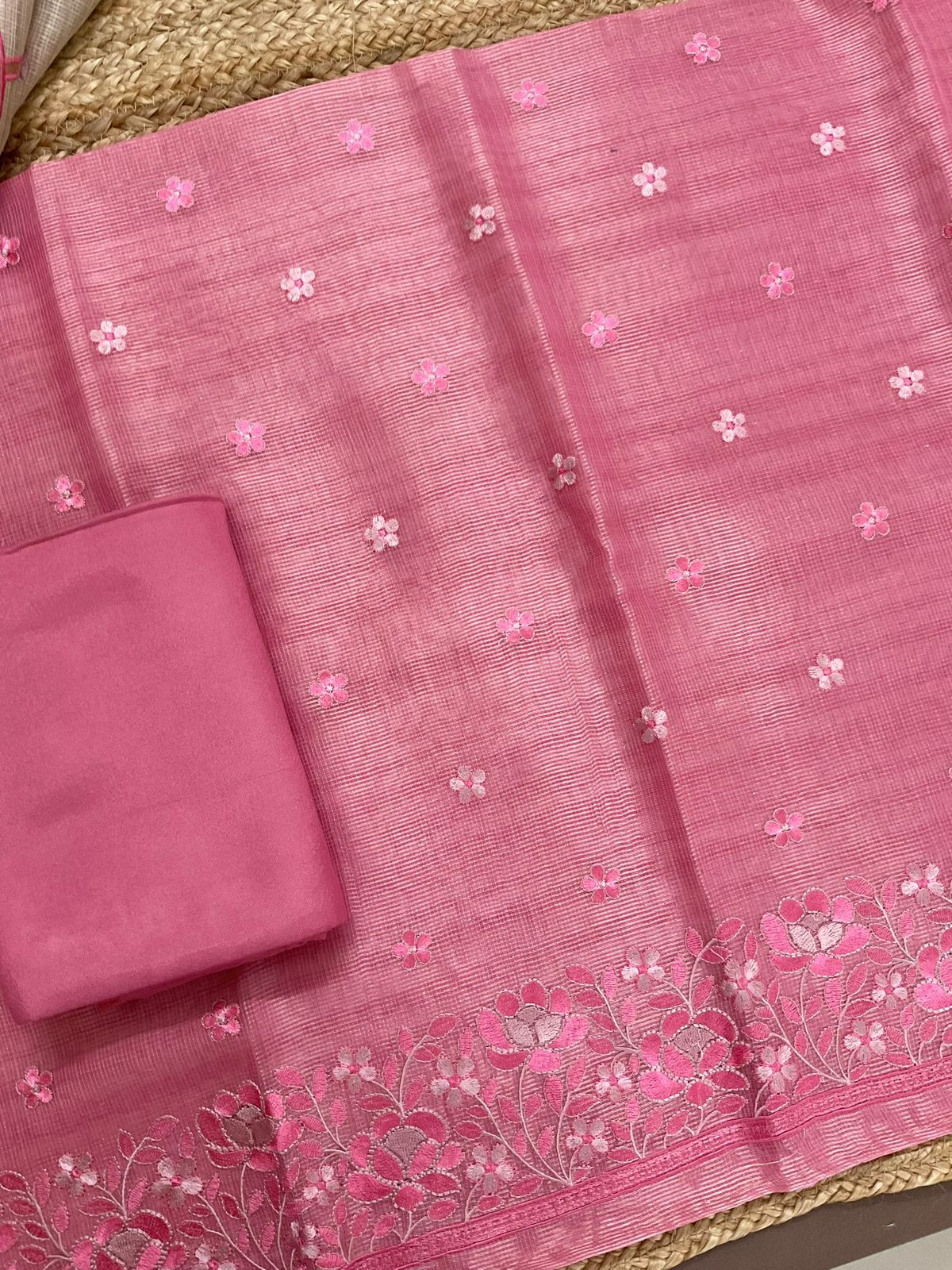 Soft Tissue Kota Silk Embroidered Suit - Pink