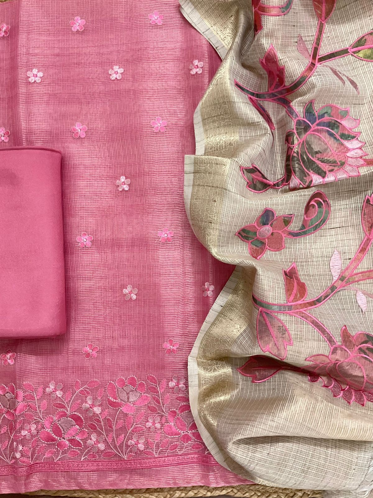 Soft Tissue Kota Silk Embroidered Suit - Pink