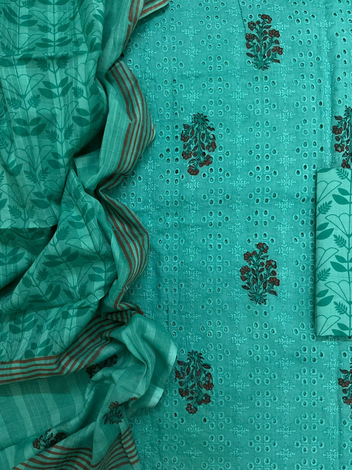 Pure Cotton Printed Embroidered Suit - Greenish Blue