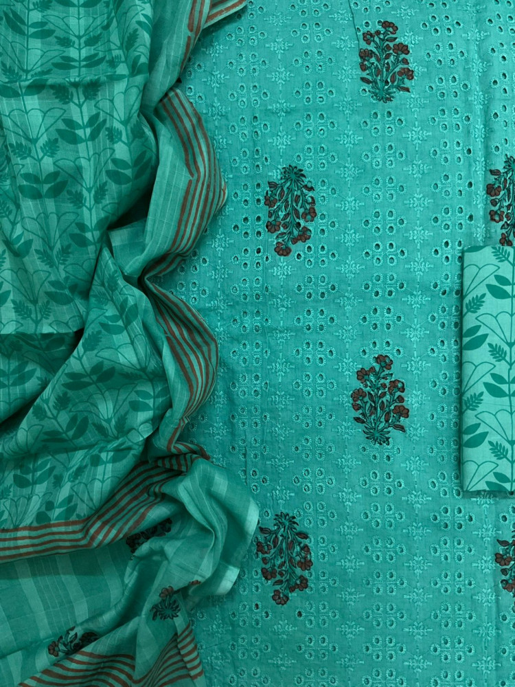 Image of Pure Cotton Printed Embroidered Suit - Greenish Blue