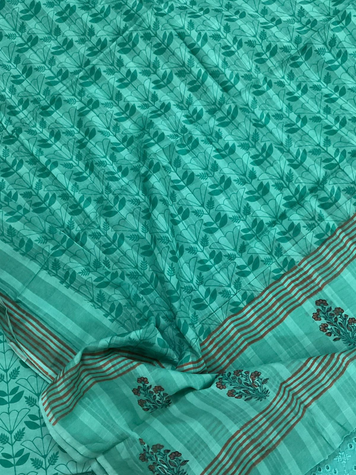 Pure Cotton Printed Embroidered Suit - Greenish Blue
