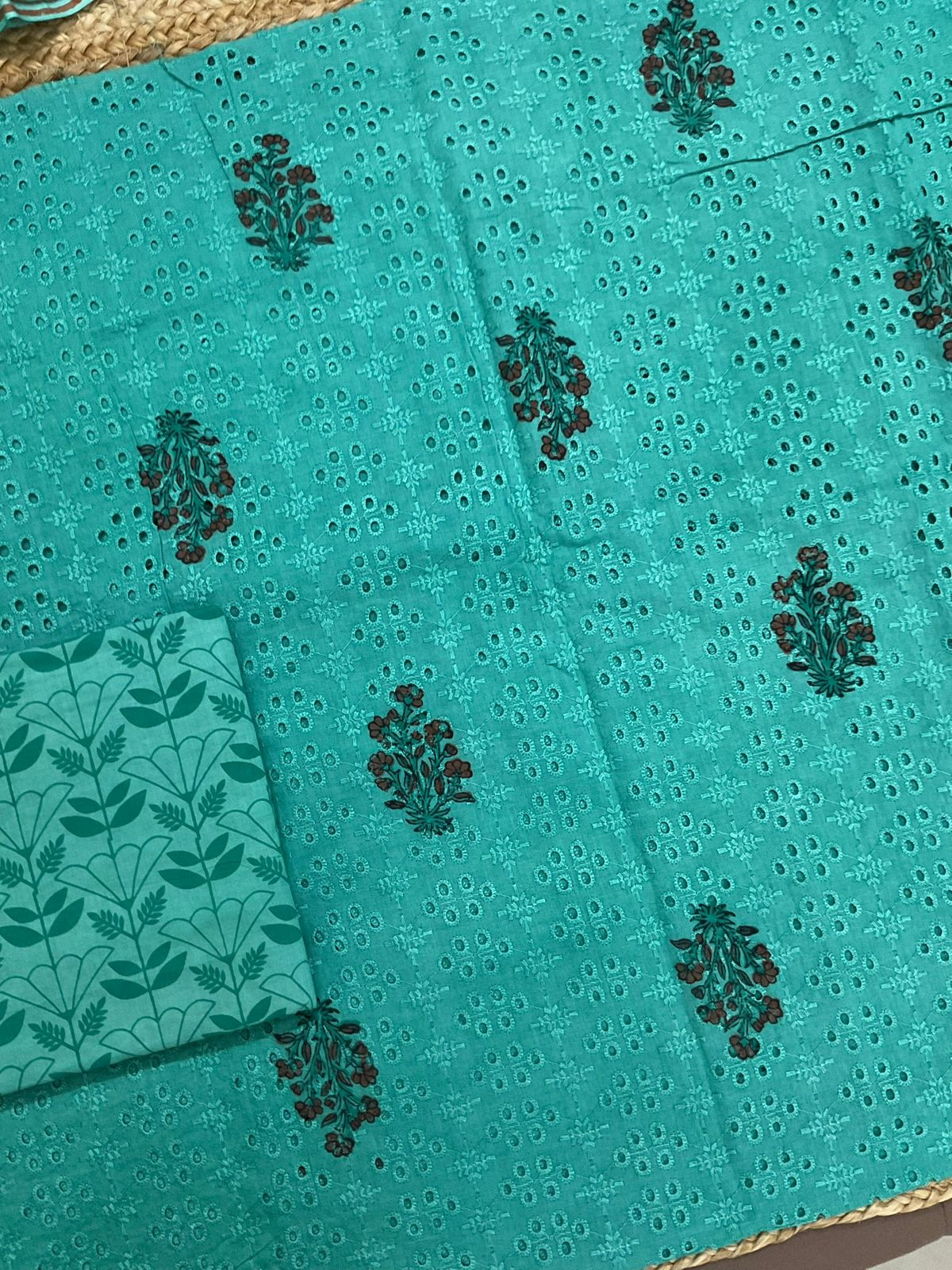 Pure Cotton Printed Embroidered Suit - Greenish Blue