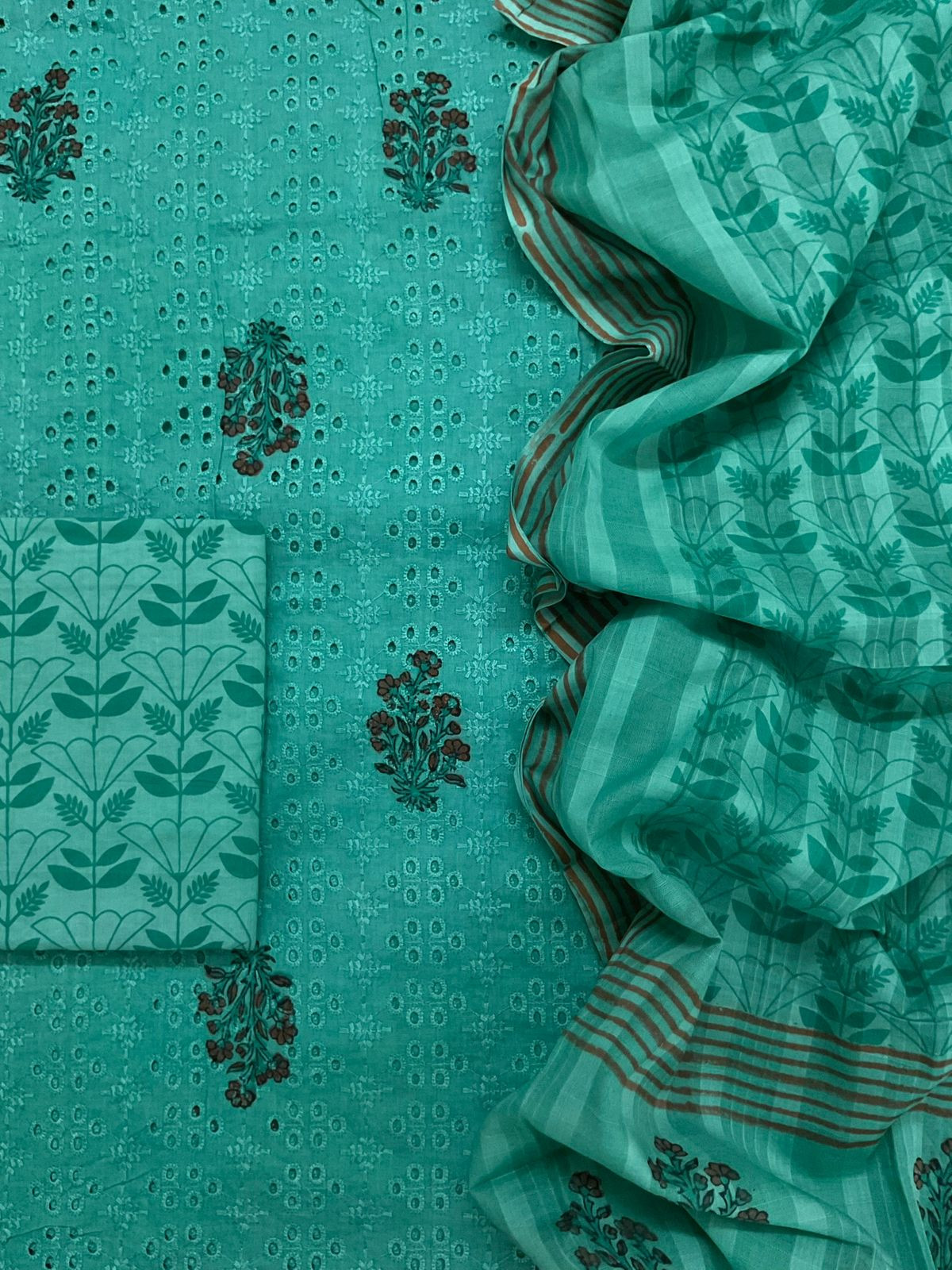 Pure Cotton Printed Embroidered Suit - Greenish Blue