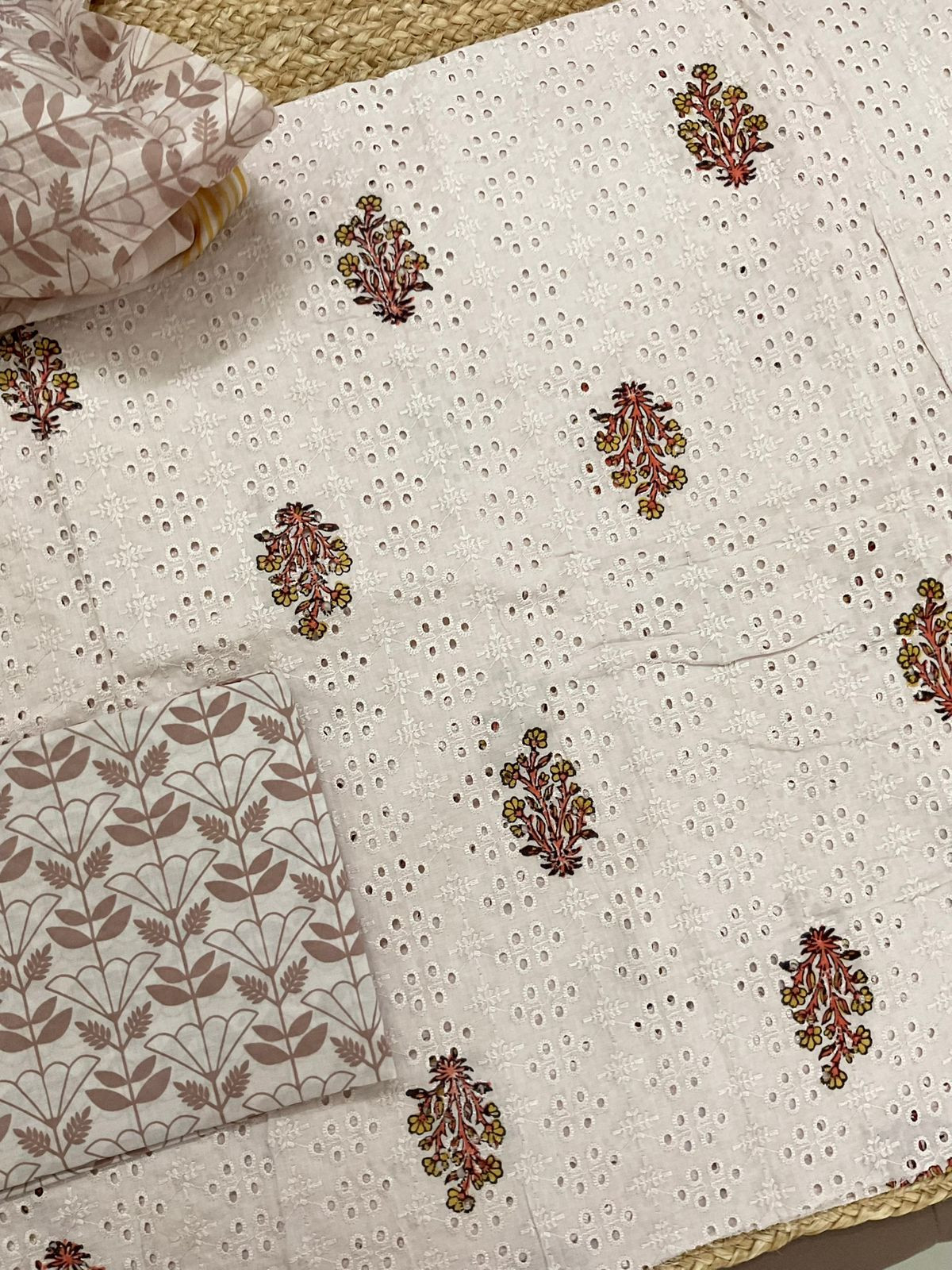 Pure Cotton Printed Embroidered Suit - Beige