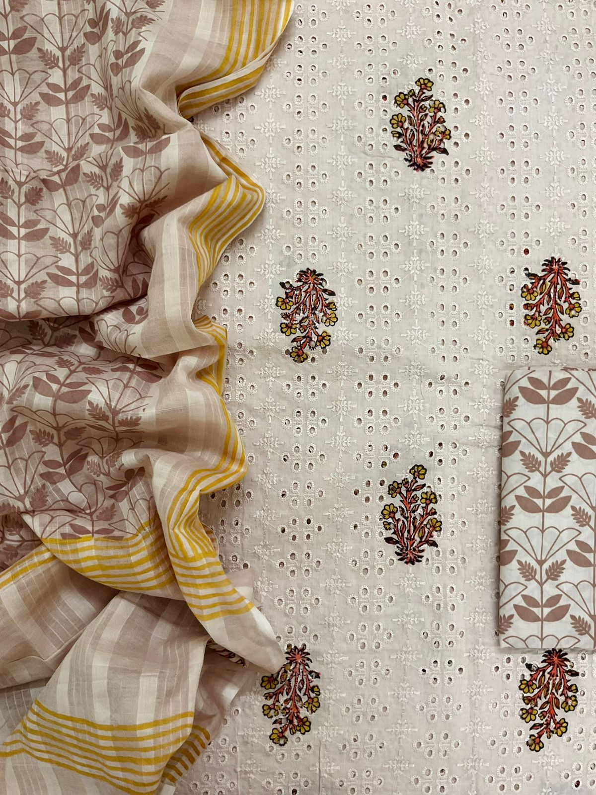 Pure Cotton Printed Embroidered Suit - Beige