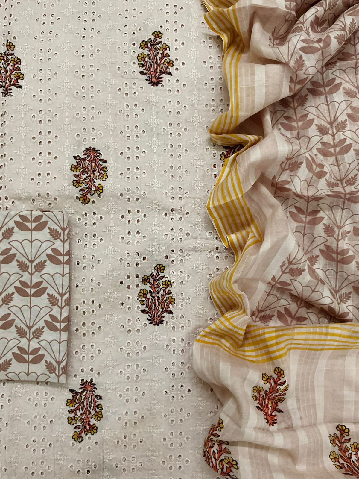 Pure Cotton Printed Embroidered Suit - Beige