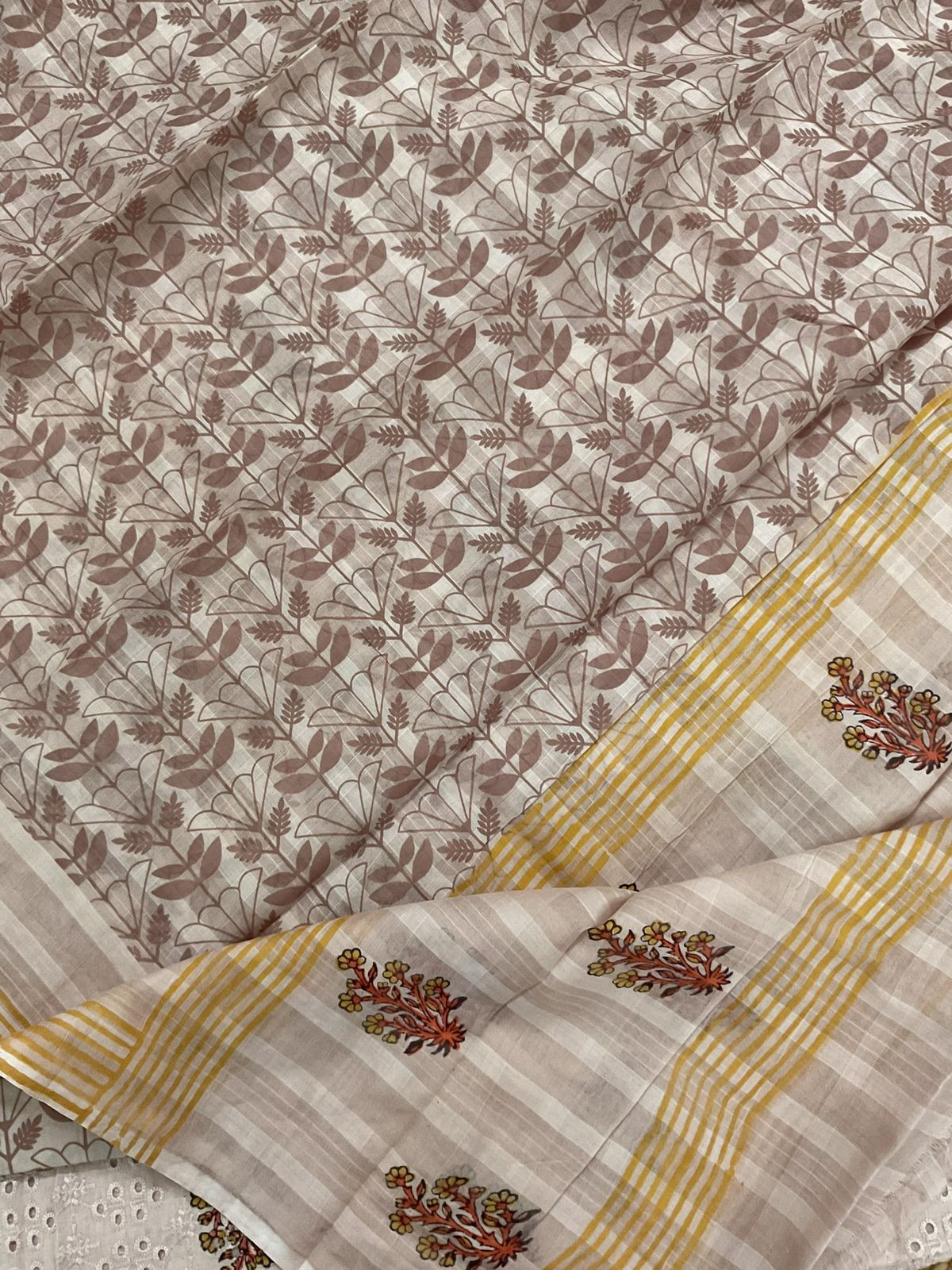 Pure Cotton Printed Embroidered Suit - Beige