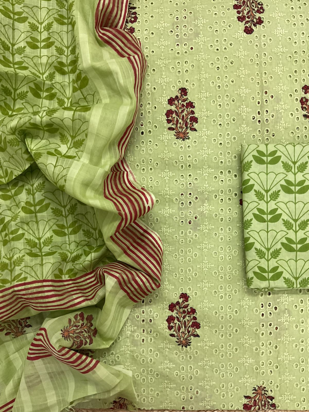 Pure Cotton Printed Embroidered Suit - Green