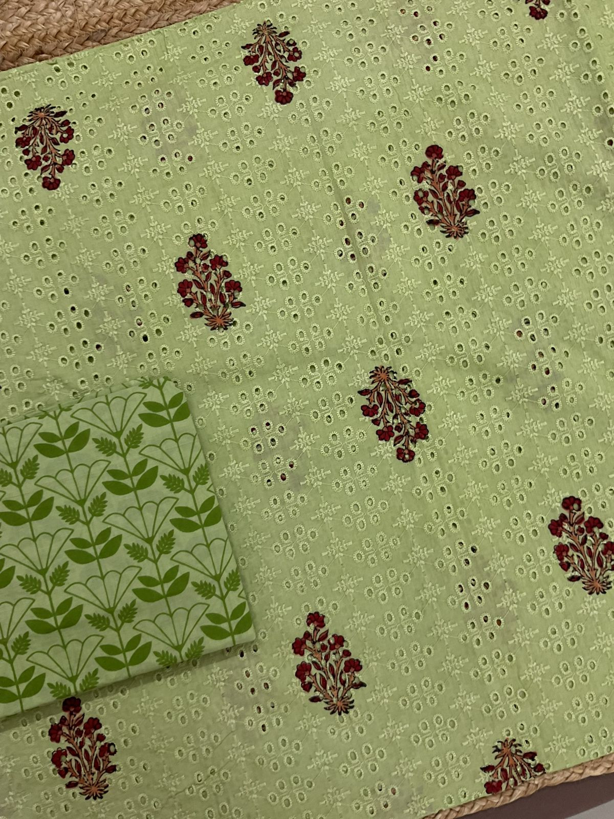 Pure Cotton Printed Embroidered Suit - Green