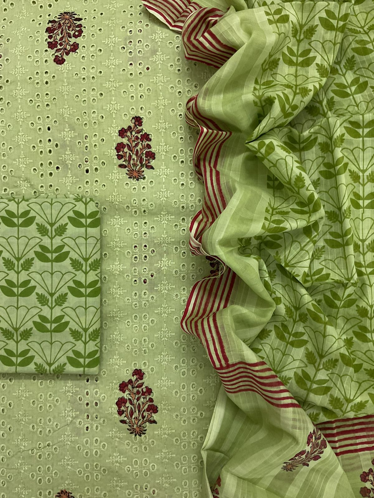 Pure Cotton Printed Embroidered Suit - Green