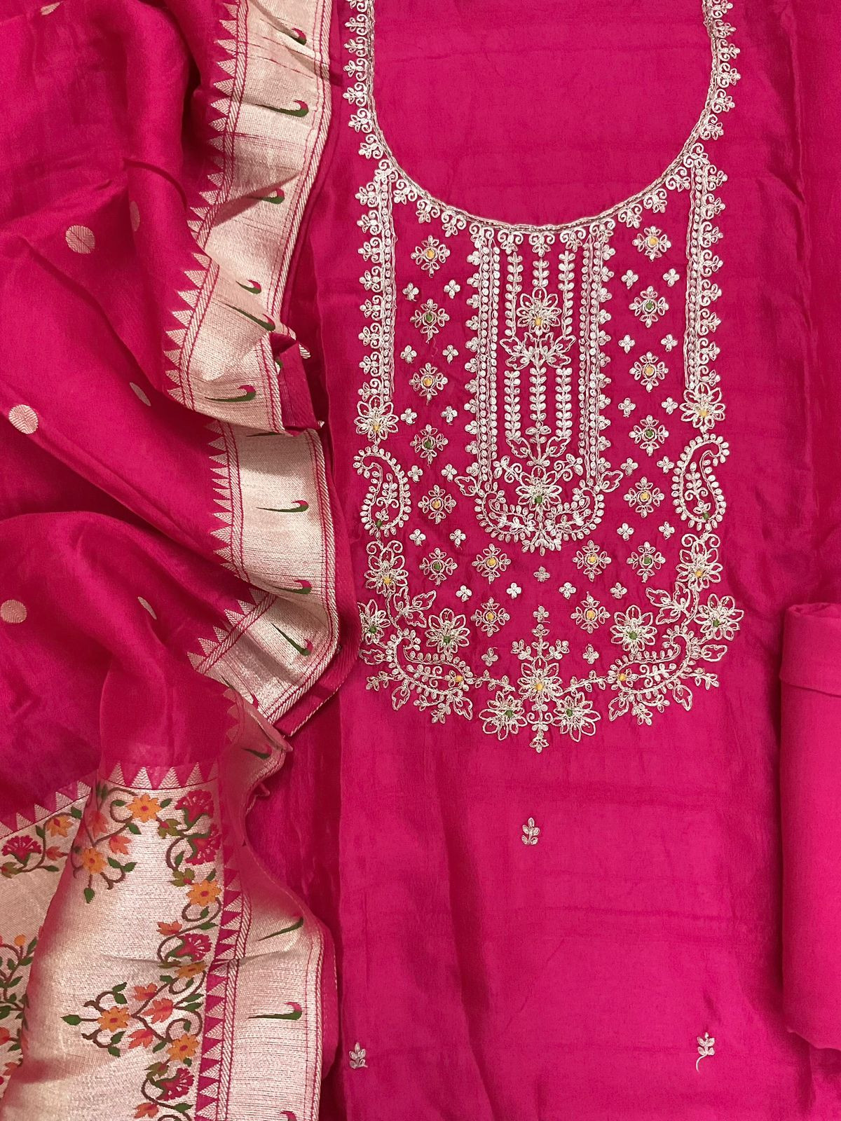 Soft Dola Silk Banarasi Weaved Embroidered Suit - Pink