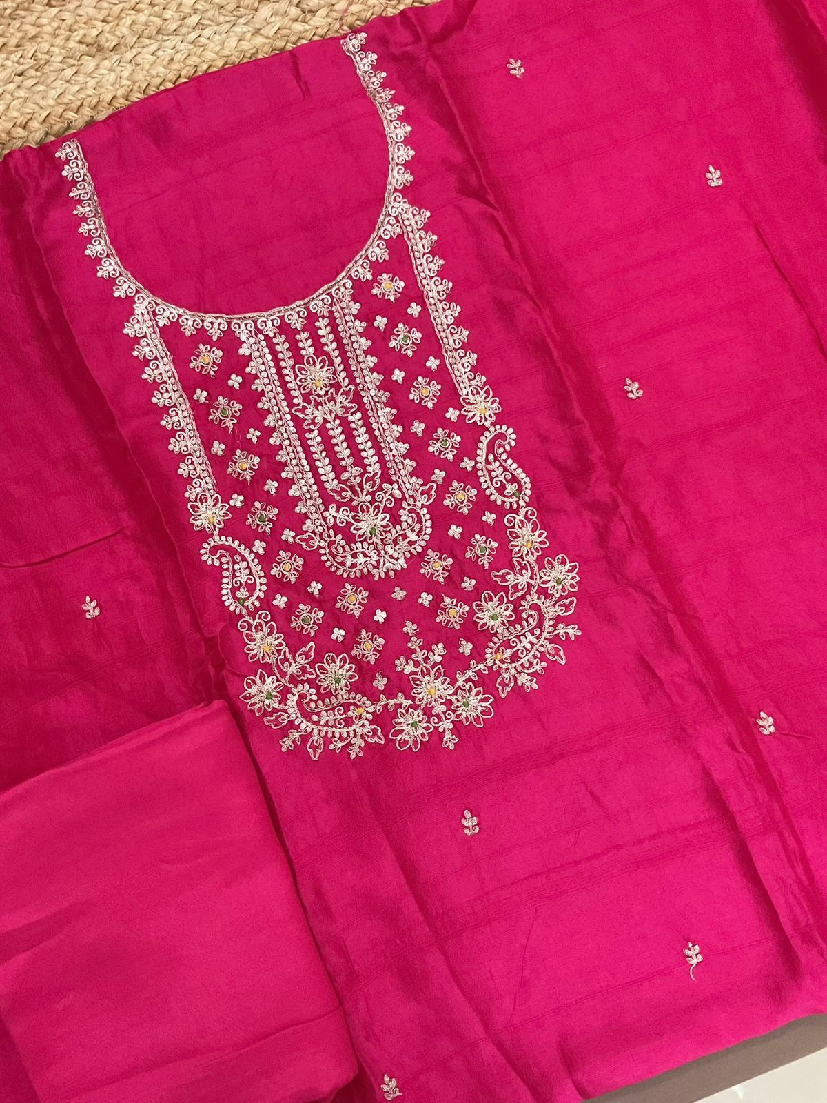 Soft Dola Silk Banarasi Weaved Embroidered Suit - Pink