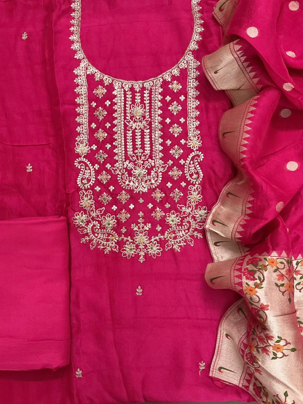 Soft Dola Silk Banarasi Weaved Embroidered Suit - Pink
