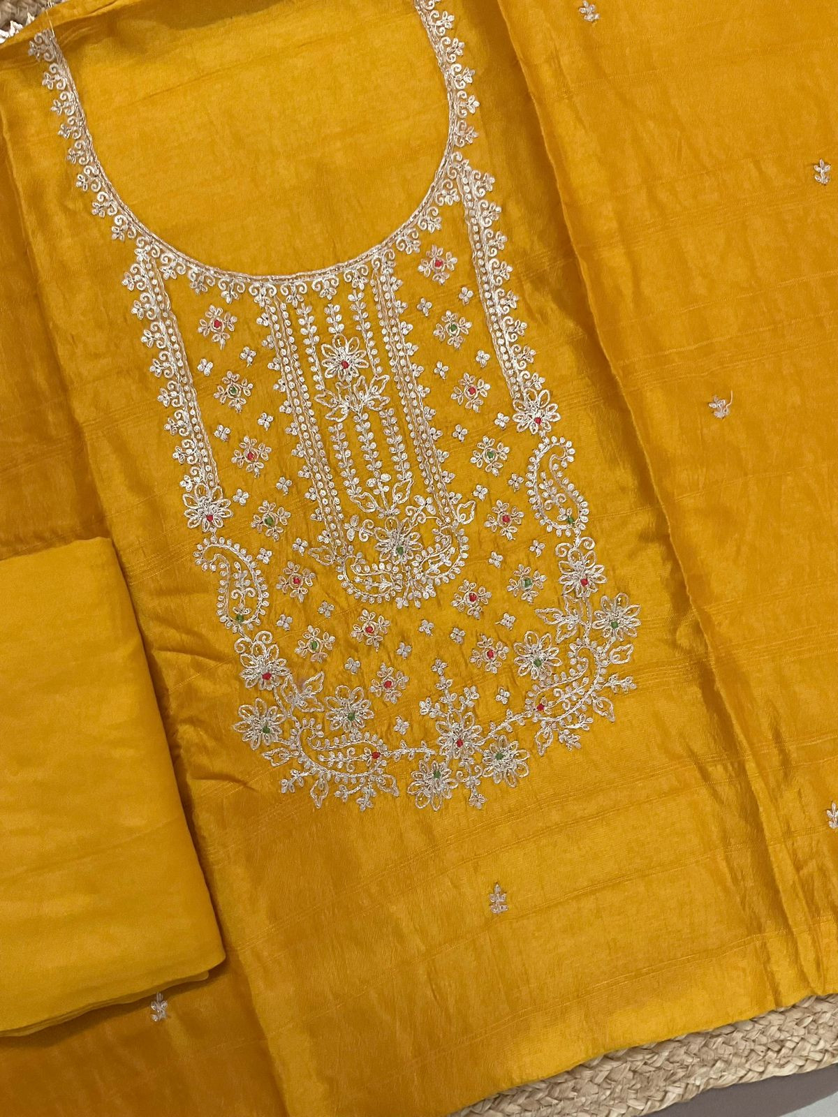 Soft Dola Silk Banarasi Weaved Embroidered Suit - Mustard