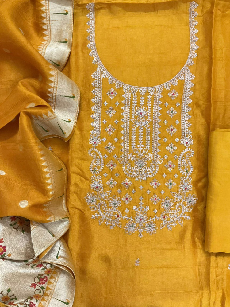Image of Soft Dola Silk Banarasi Weaved Embroidered Suit - Mustard