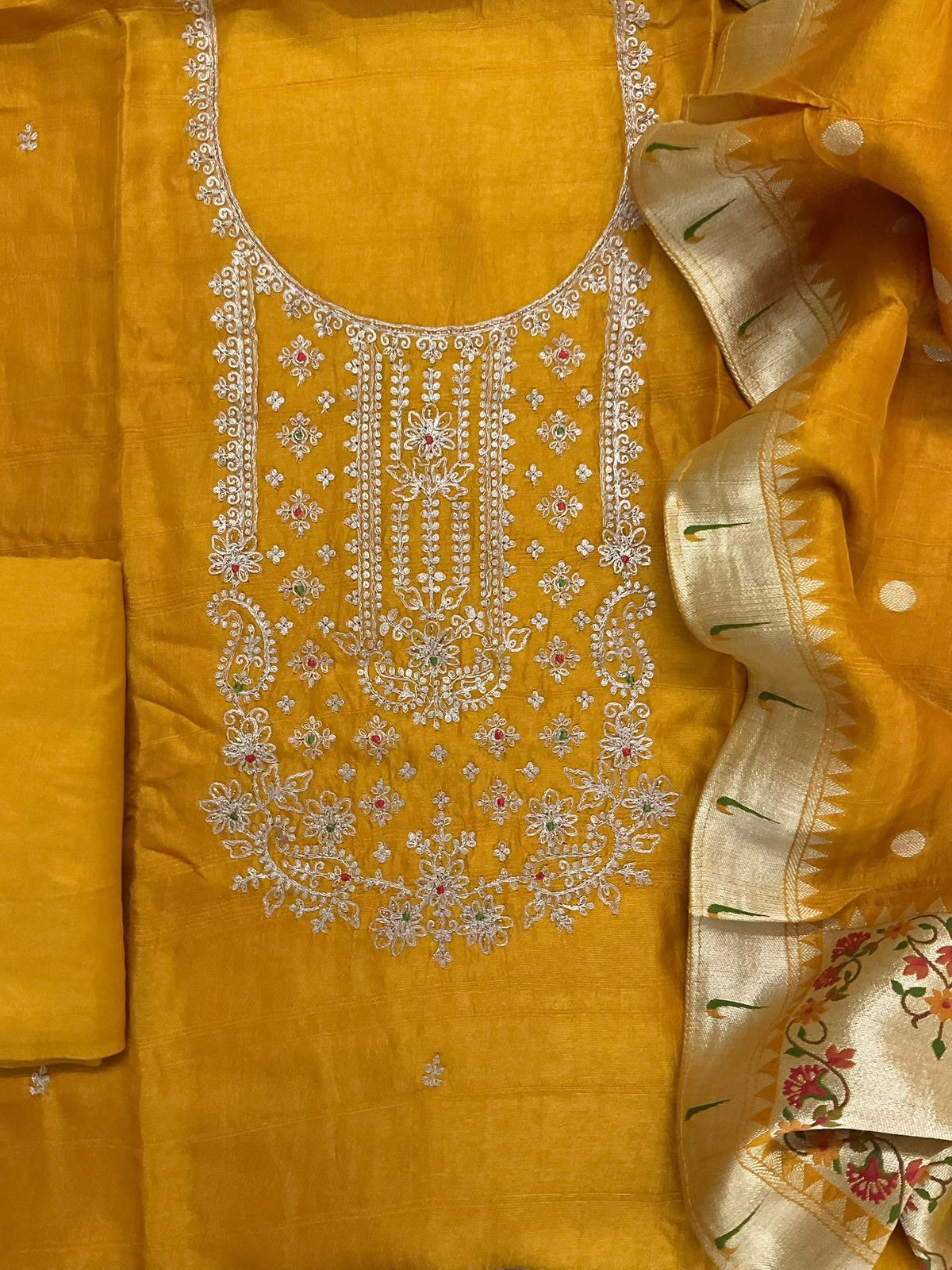 Soft Dola Silk Banarasi Weaved Embroidered Suit - Mustard