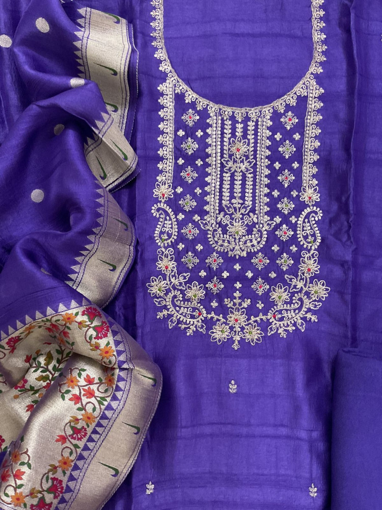 Image of Soft Dola Silk Banarasi Weaved Embroidered Suit - Purple