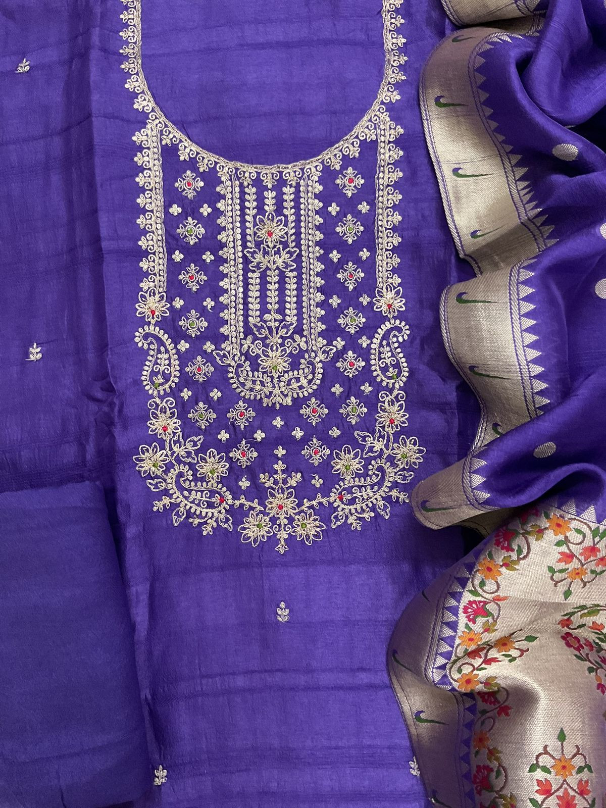 Soft Dola Silk Banarasi Weaved Embroidered Suit - Purple