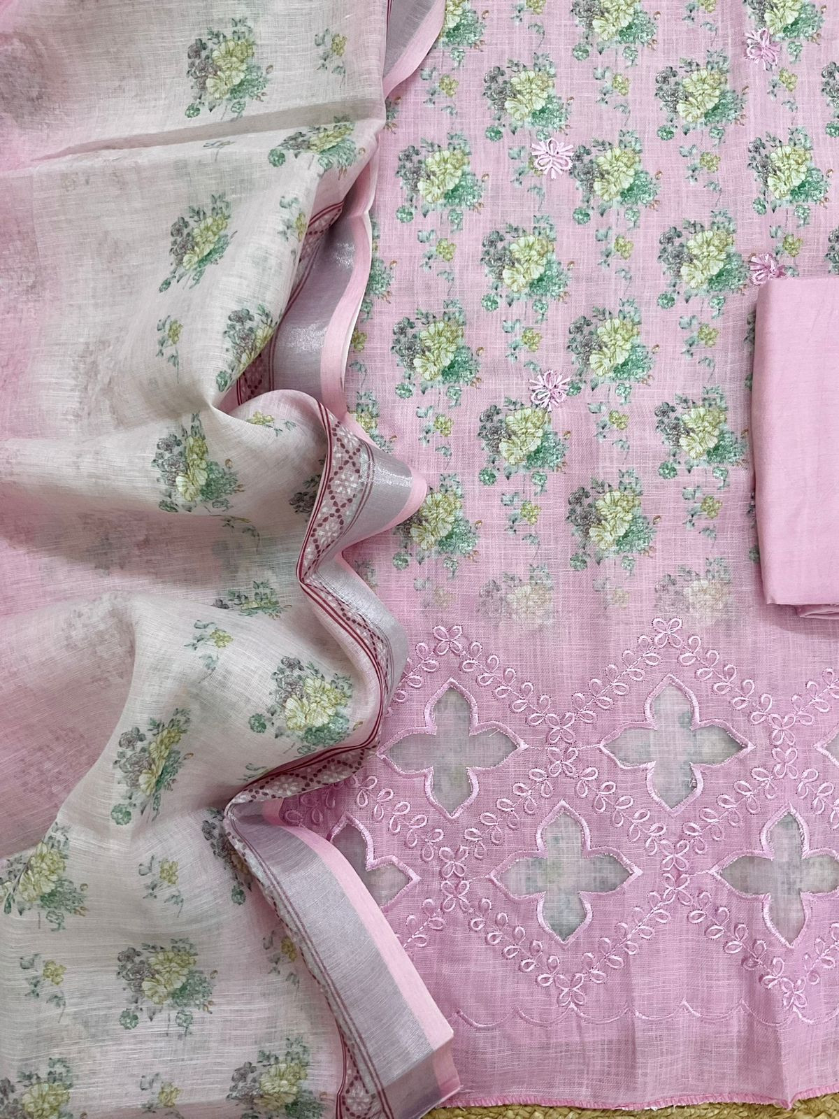Soft Linen Jute Cotton Printed Embroidered Suit - Pink