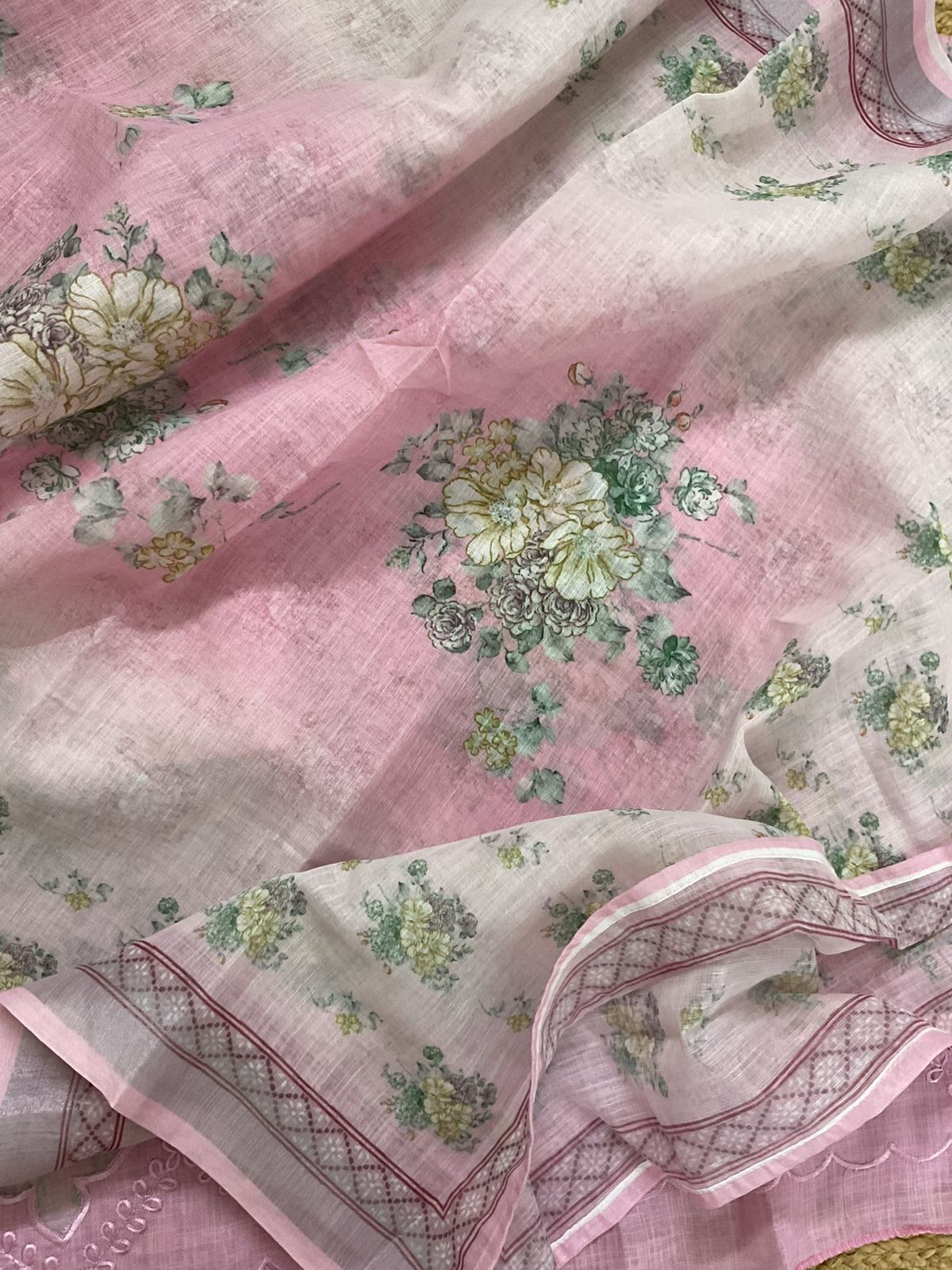 Soft Linen Jute Cotton Printed Embroidered Suit - Pink