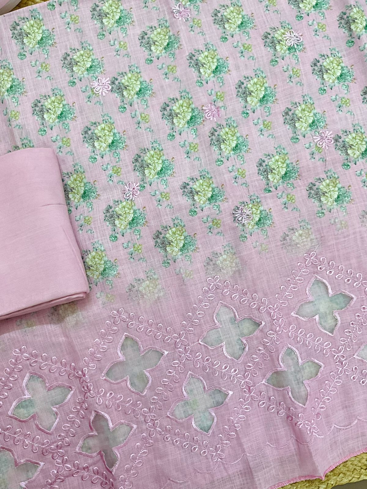Soft Linen Jute Cotton Printed Embroidered Suit - Pink