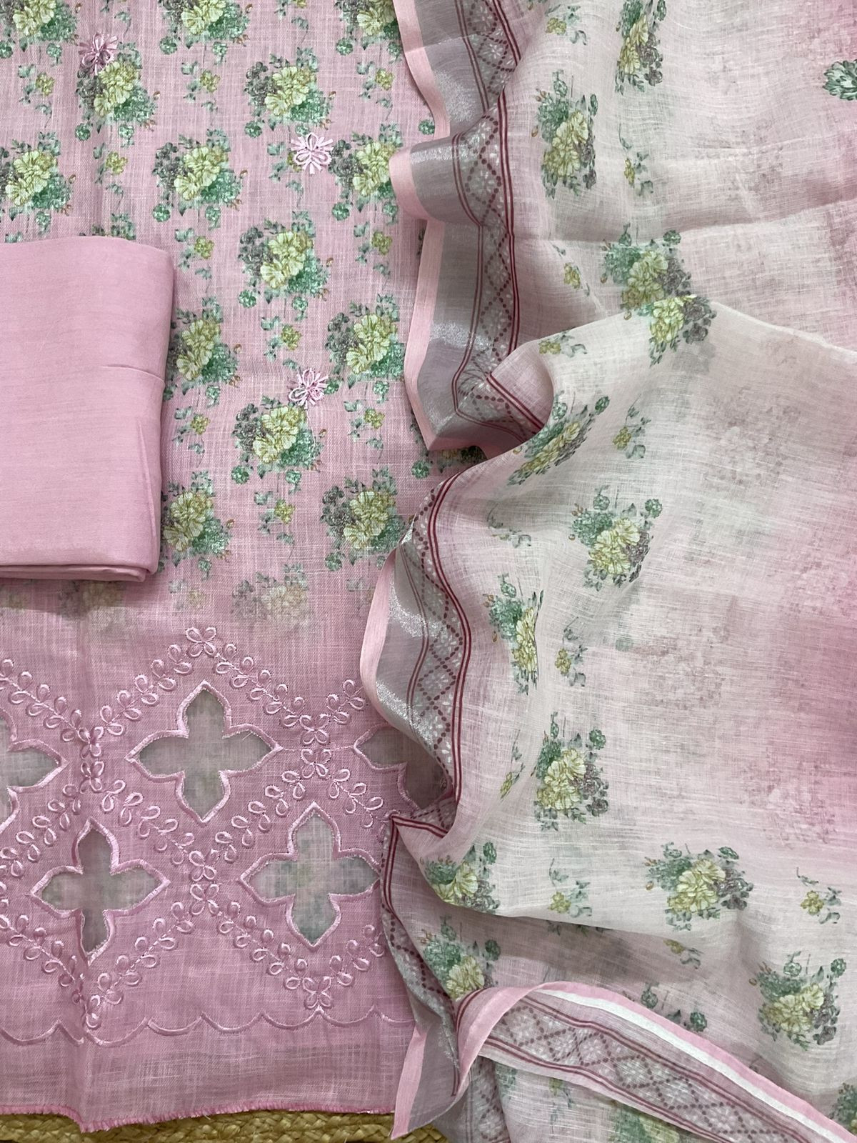 Soft Linen Jute Cotton Printed Embroidered Suit - Pink