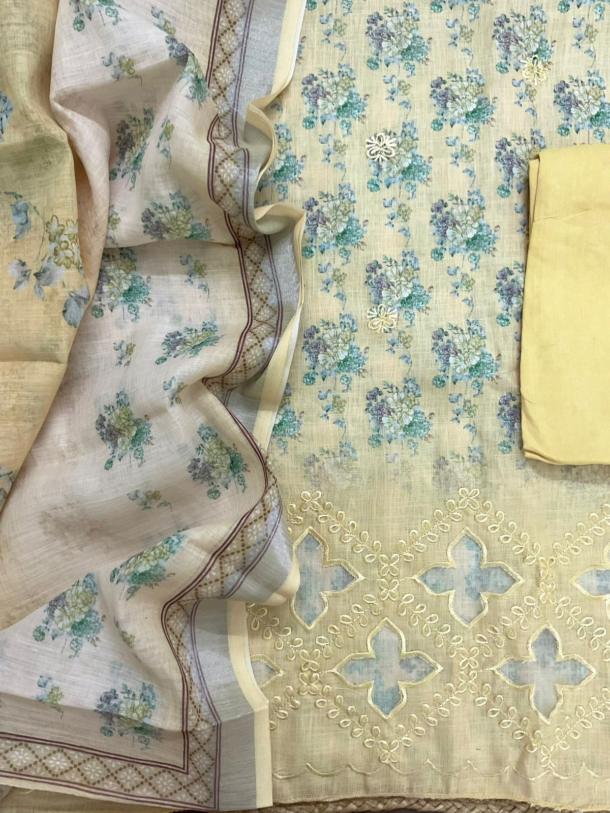 Soft Linen Jute Cotton Printed Embroidered Suit - Yellow