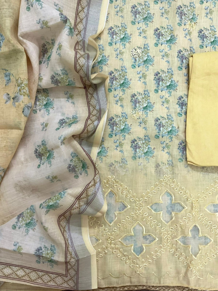 Image of Soft Linen Jute Cotton Printed Embroidered Suit - Yellow