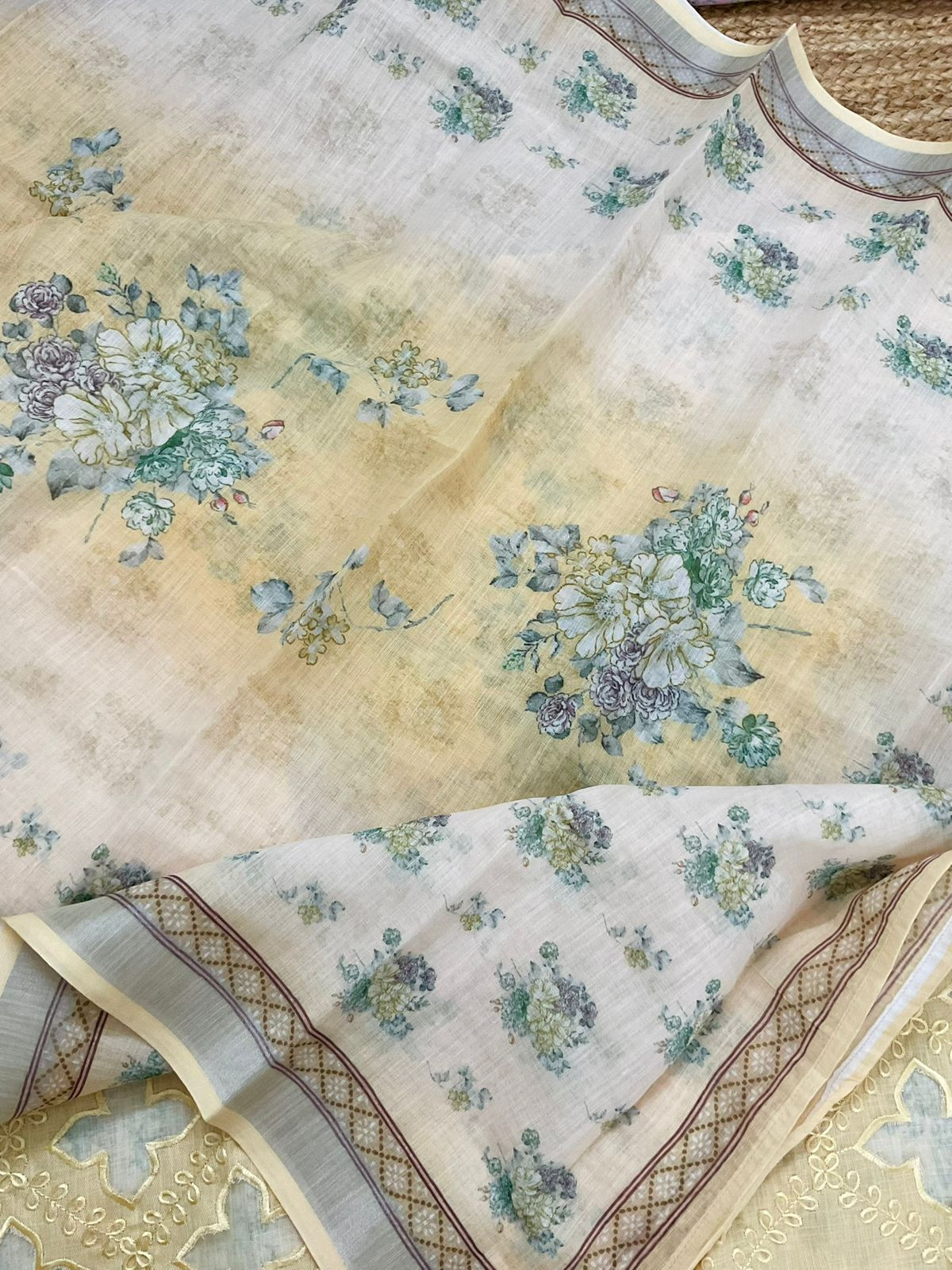 Soft Linen Jute Cotton Printed Embroidered Suit - Yellow