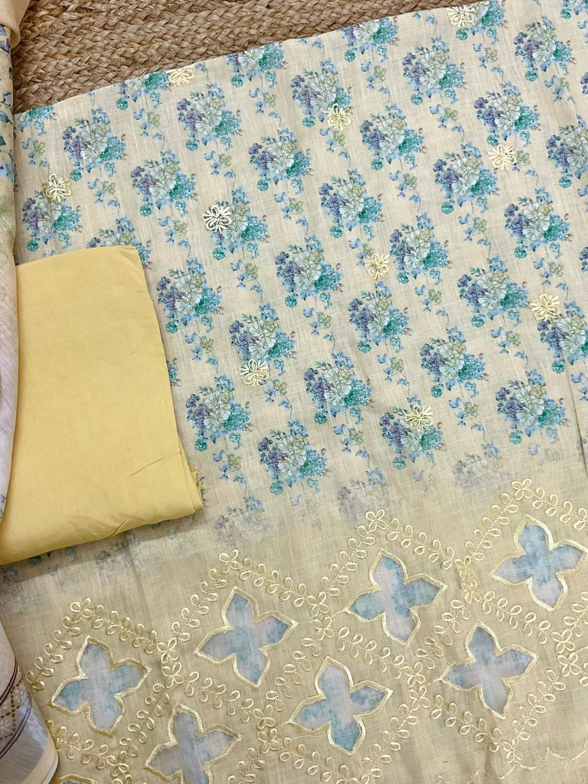 Soft Linen Jute Cotton Printed Embroidered Suit - Yellow