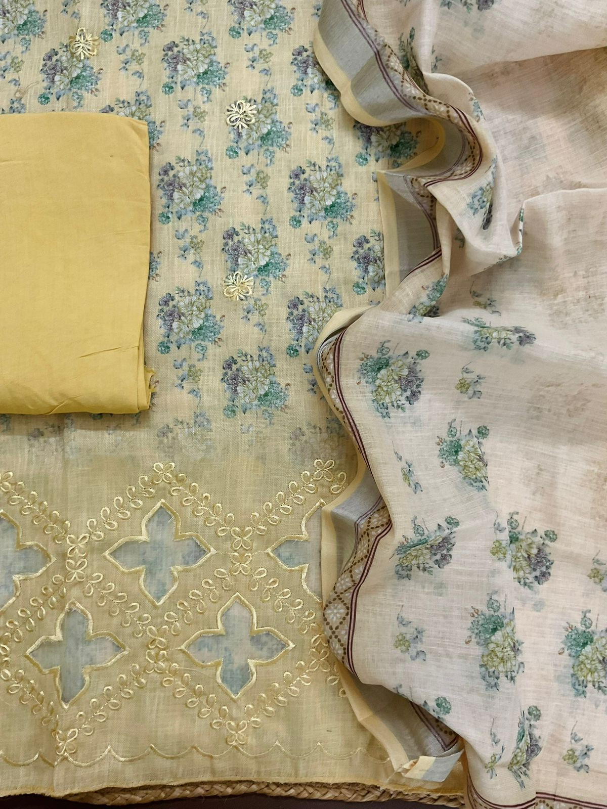 Soft Linen Jute Cotton Printed Embroidered Suit - Yellow