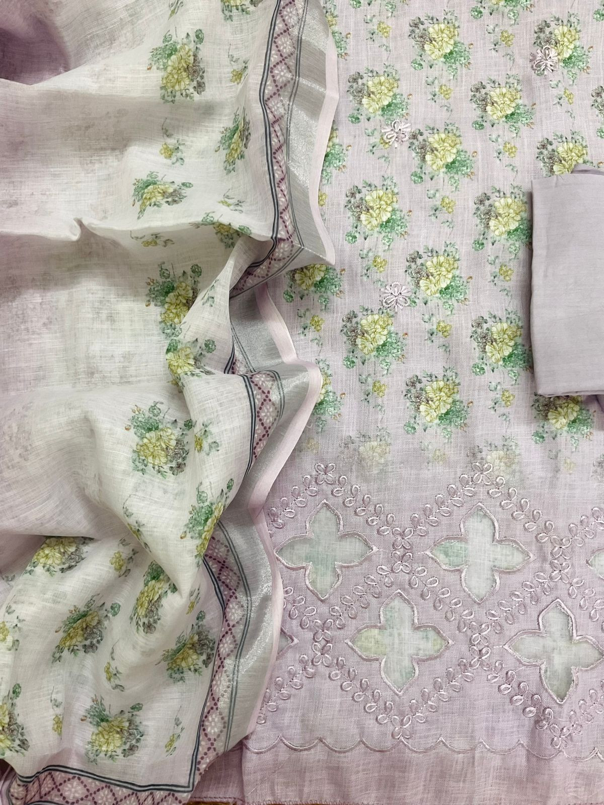 Soft Linen Jute Cotton Printed Embroidered Suit - Lavender