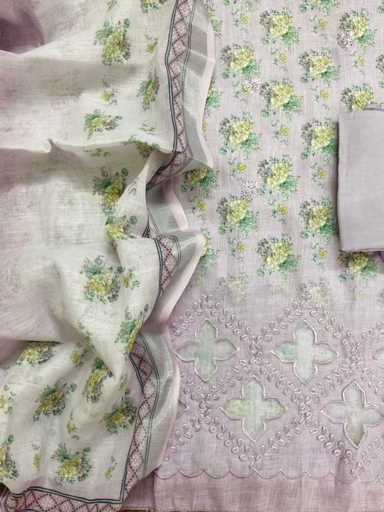 Image of Soft Linen Jute Cotton Printed Embroidered Suit - Lavender