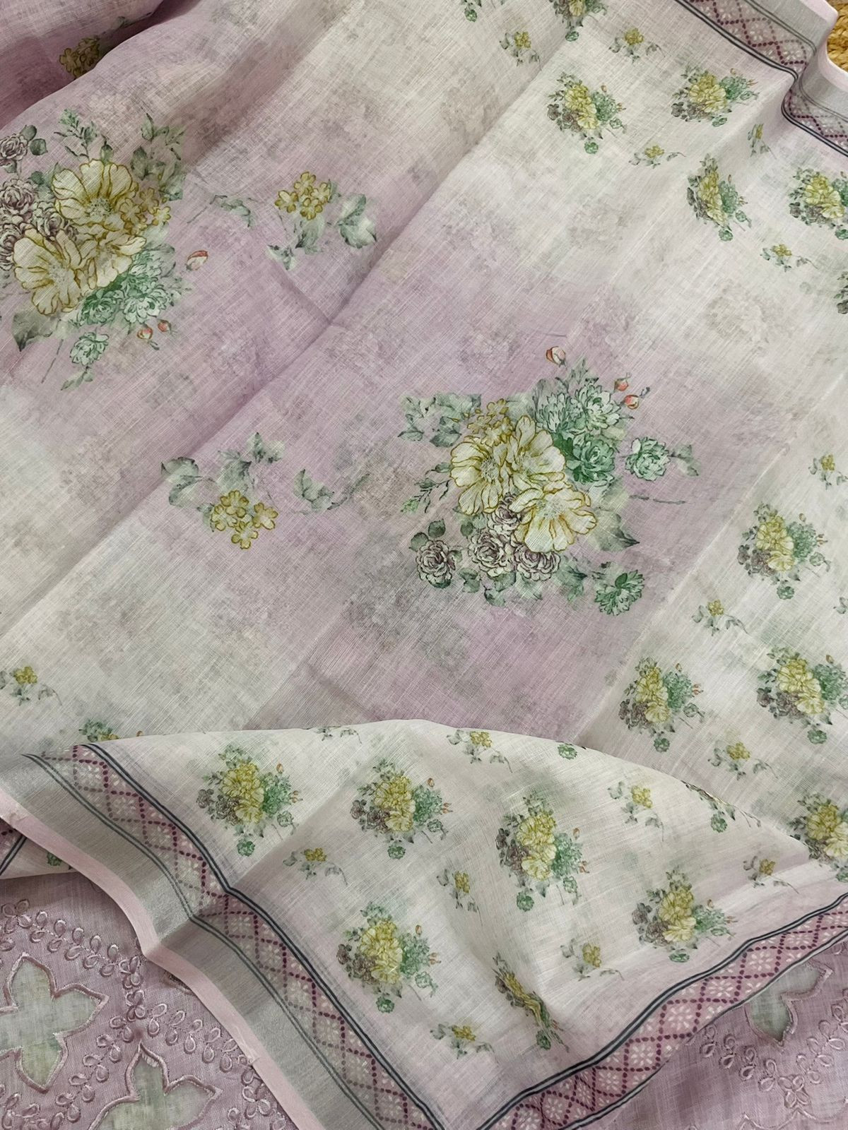 Soft Linen Jute Cotton Printed Embroidered Suit - Lavender