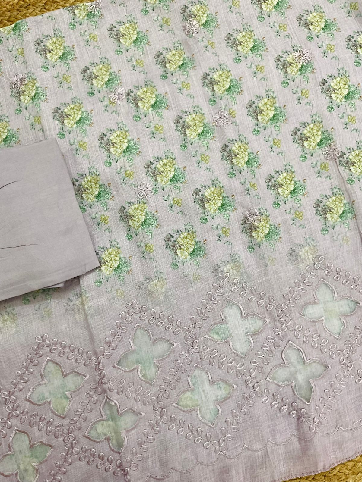 Soft Linen Jute Cotton Printed Embroidered Suit - Lavender