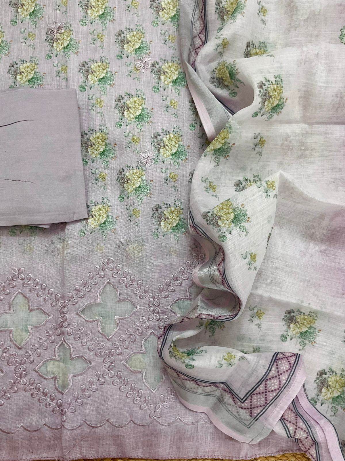 Soft Linen Jute Cotton Printed Embroidered Suit - Lavender