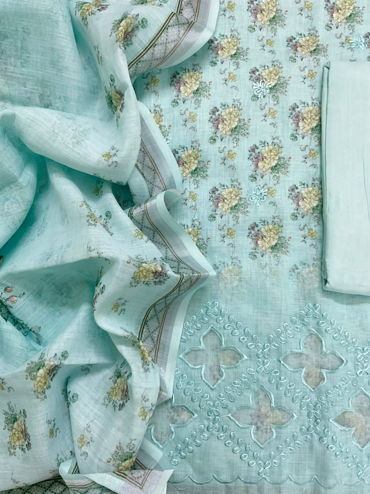 Soft Linen Jute Cotton Printed Embroidered Suit - Blue