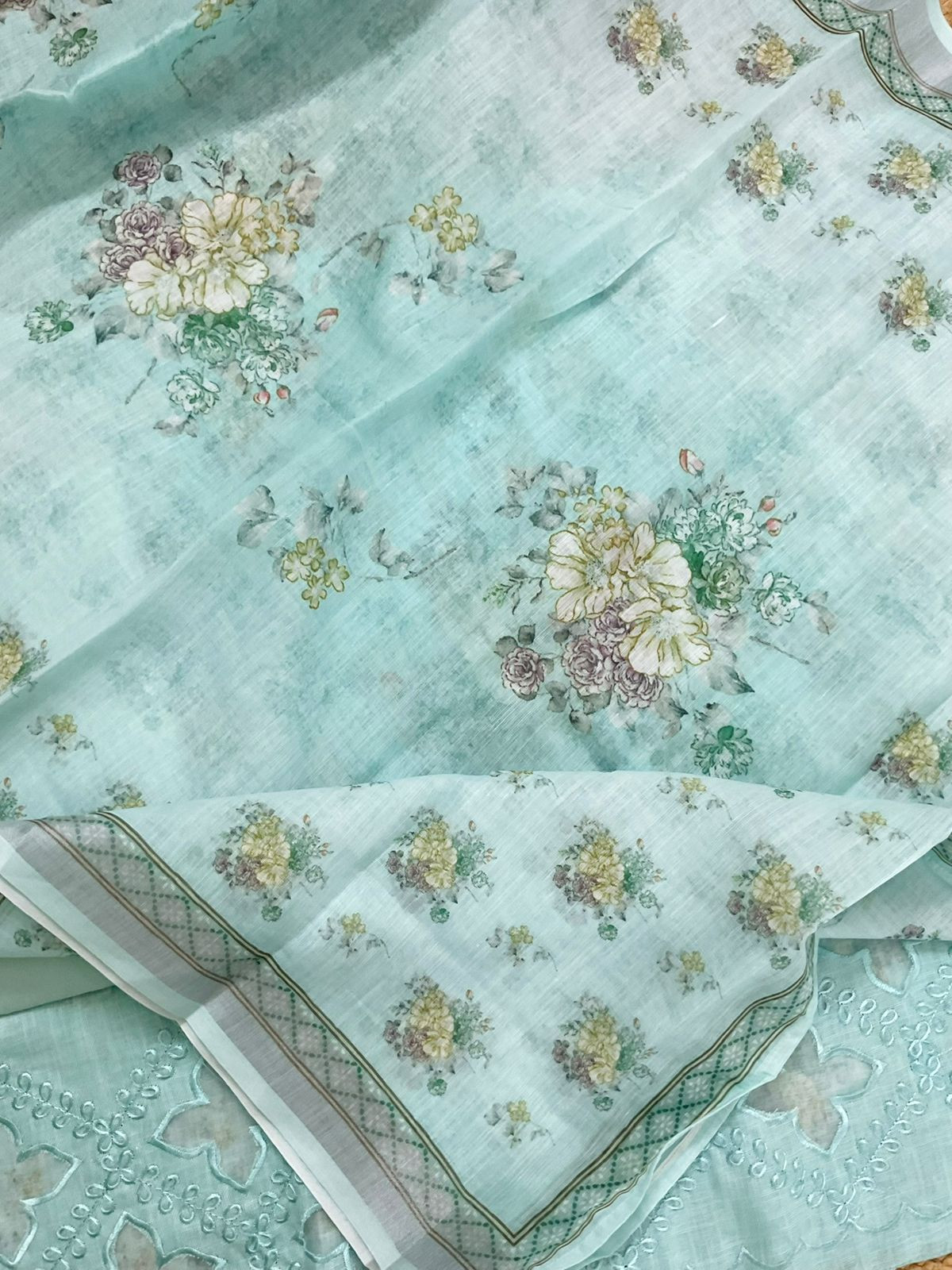 Soft Linen Jute Cotton Printed Embroidered Suit - Blue