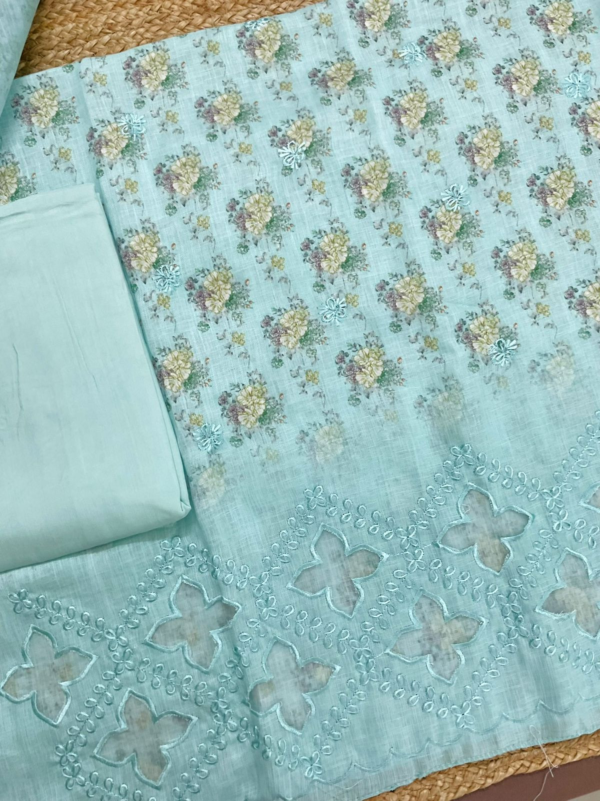 Soft Linen Jute Cotton Printed Embroidered Suit - Blue