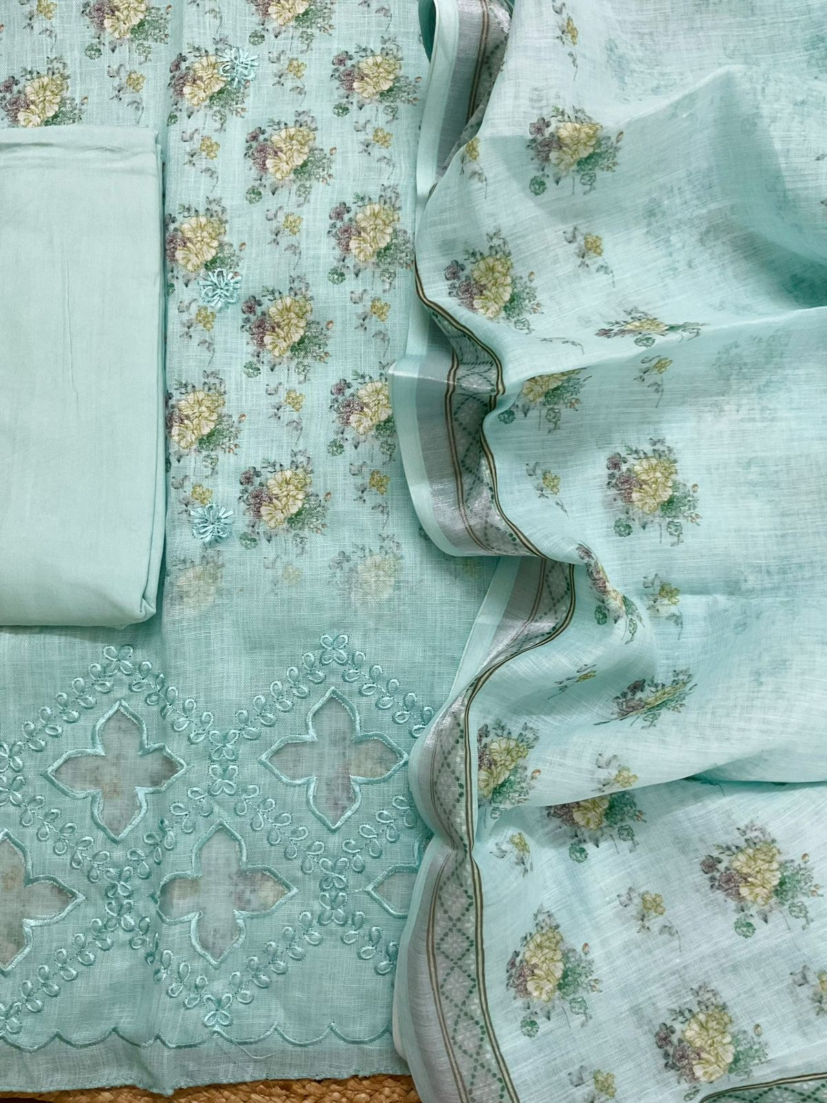 Soft Linen Jute Cotton Printed Embroidered Suit - Blue