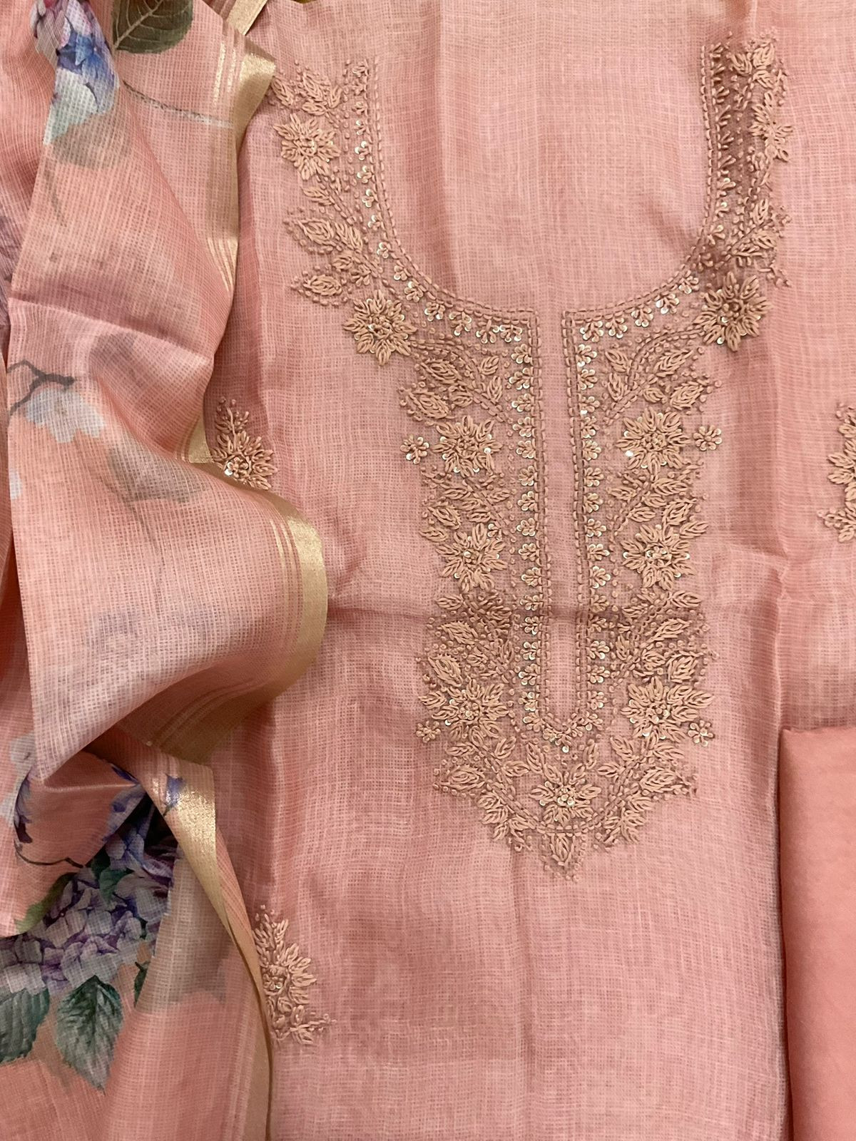 Soft Kota Silk Printed Embroidered Suit - Peach