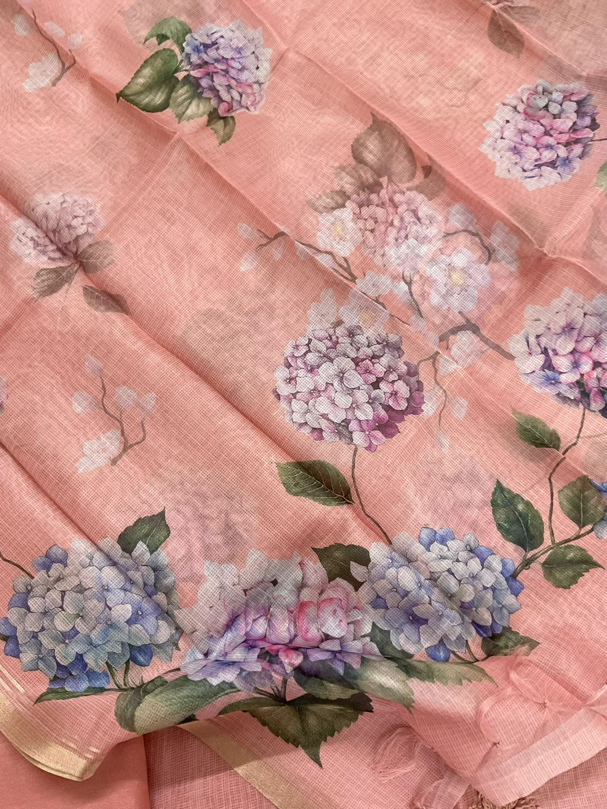 Soft Kota Silk Printed Embroidered Suit - Peach