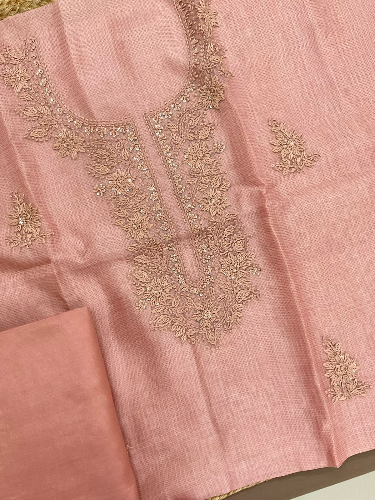 Soft Kota Silk Printed Embroidered Suit - Peach