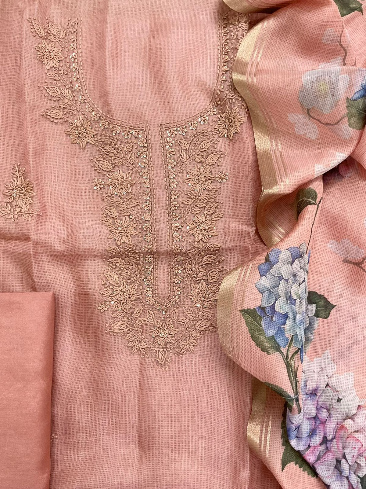 Soft Kota Silk Printed Embroidered Suit - Peach