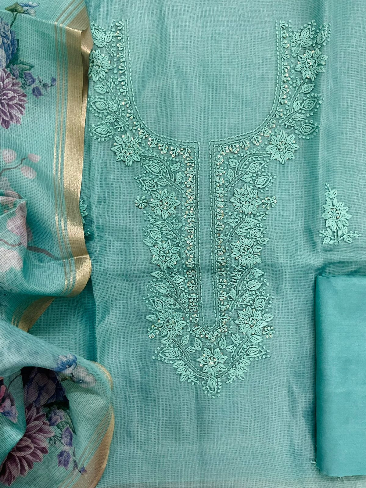 Soft Kota Silk Printed Embroidered Suit - Blue