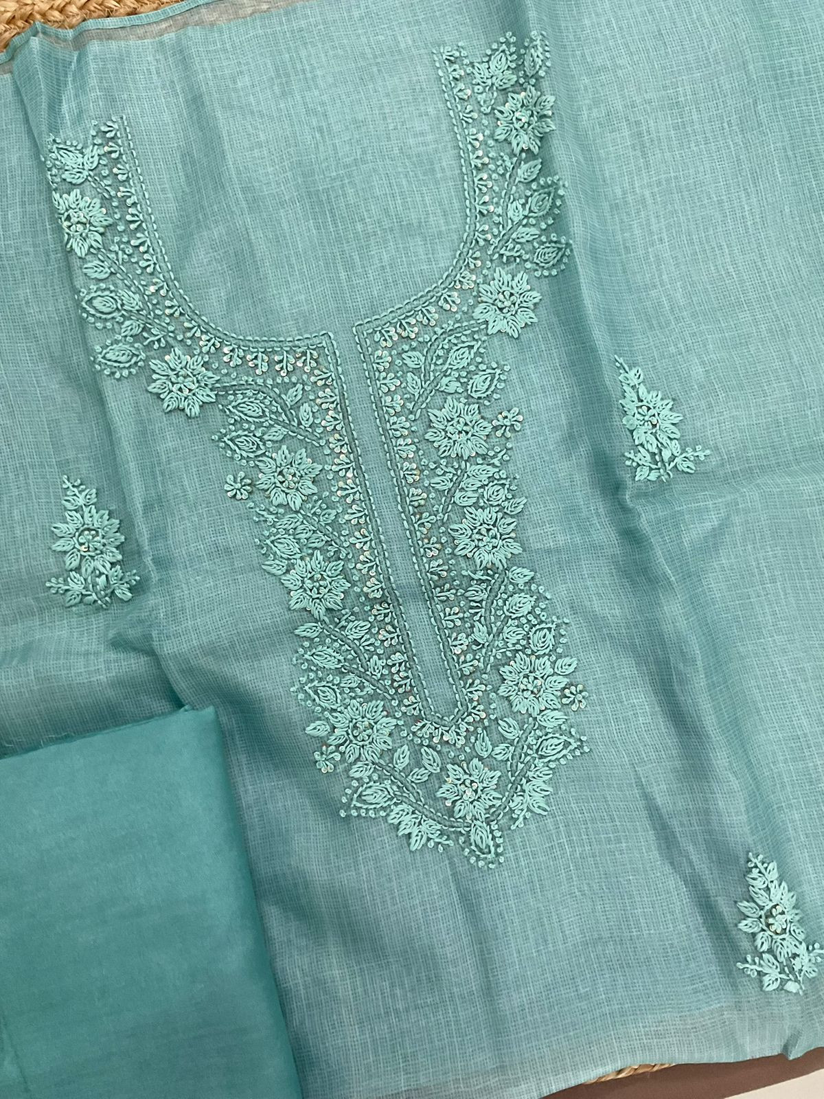 Soft Kota Silk Printed Embroidered Suit - Blue