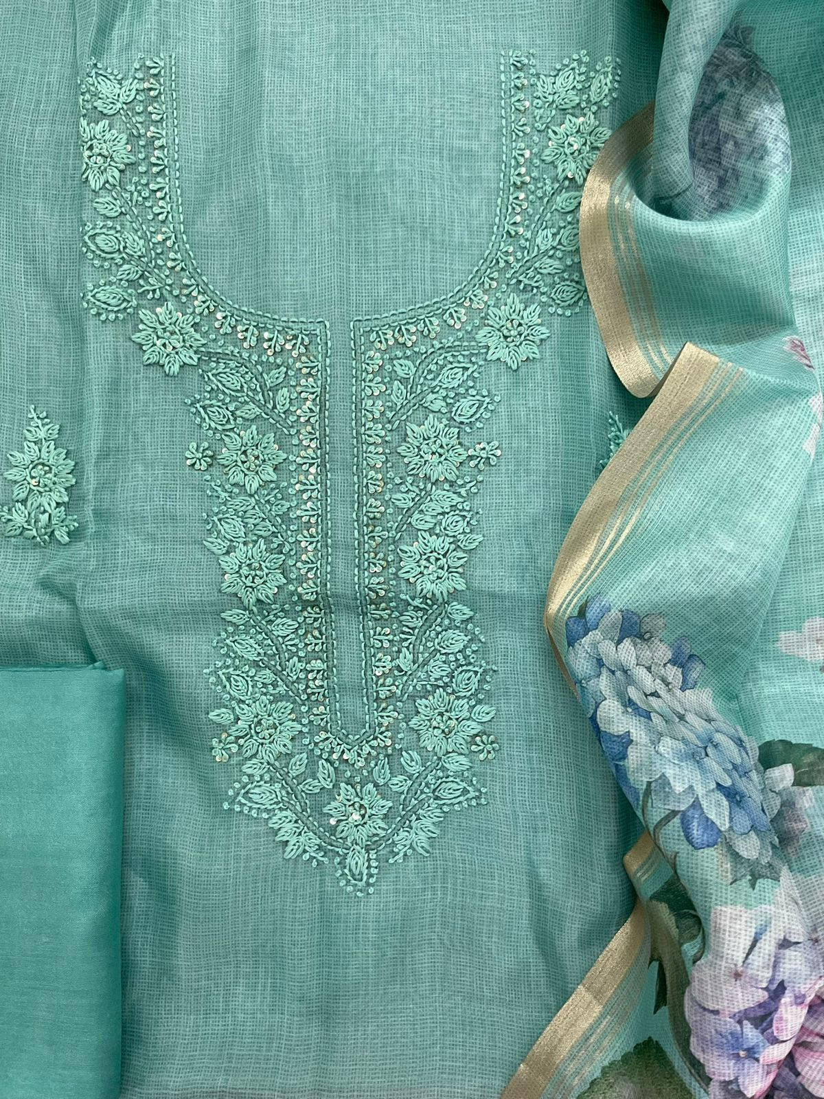 Soft Kota Silk Printed Embroidered Suit - Blue