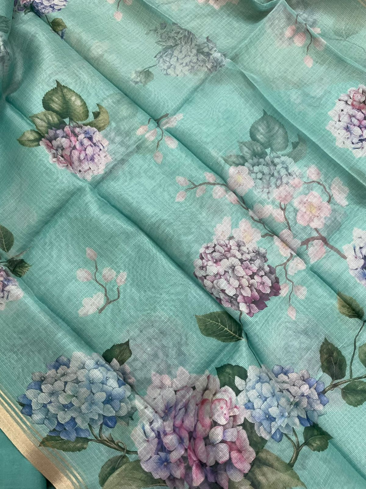 Soft Kota Silk Printed Embroidered Suit - Blue