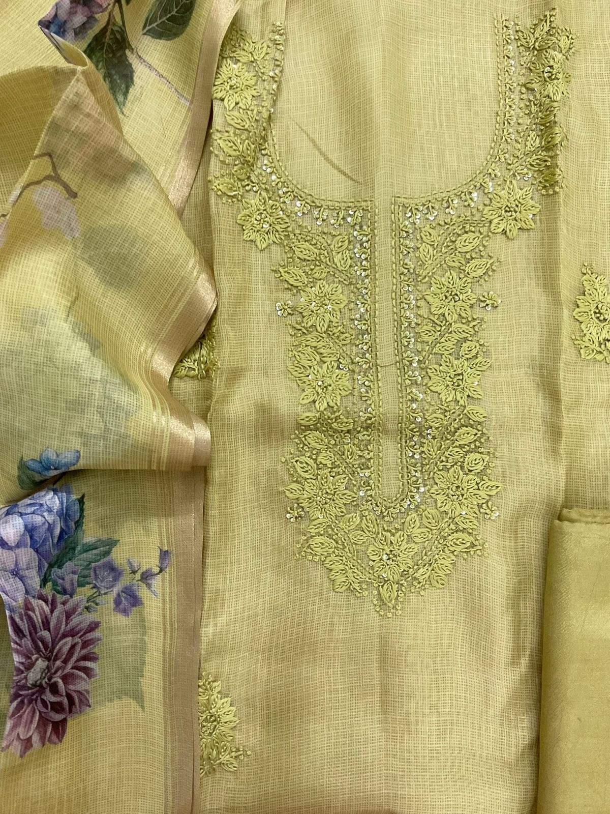 Soft Kota Silk Printed Embroidered Suit - Yellowish Green