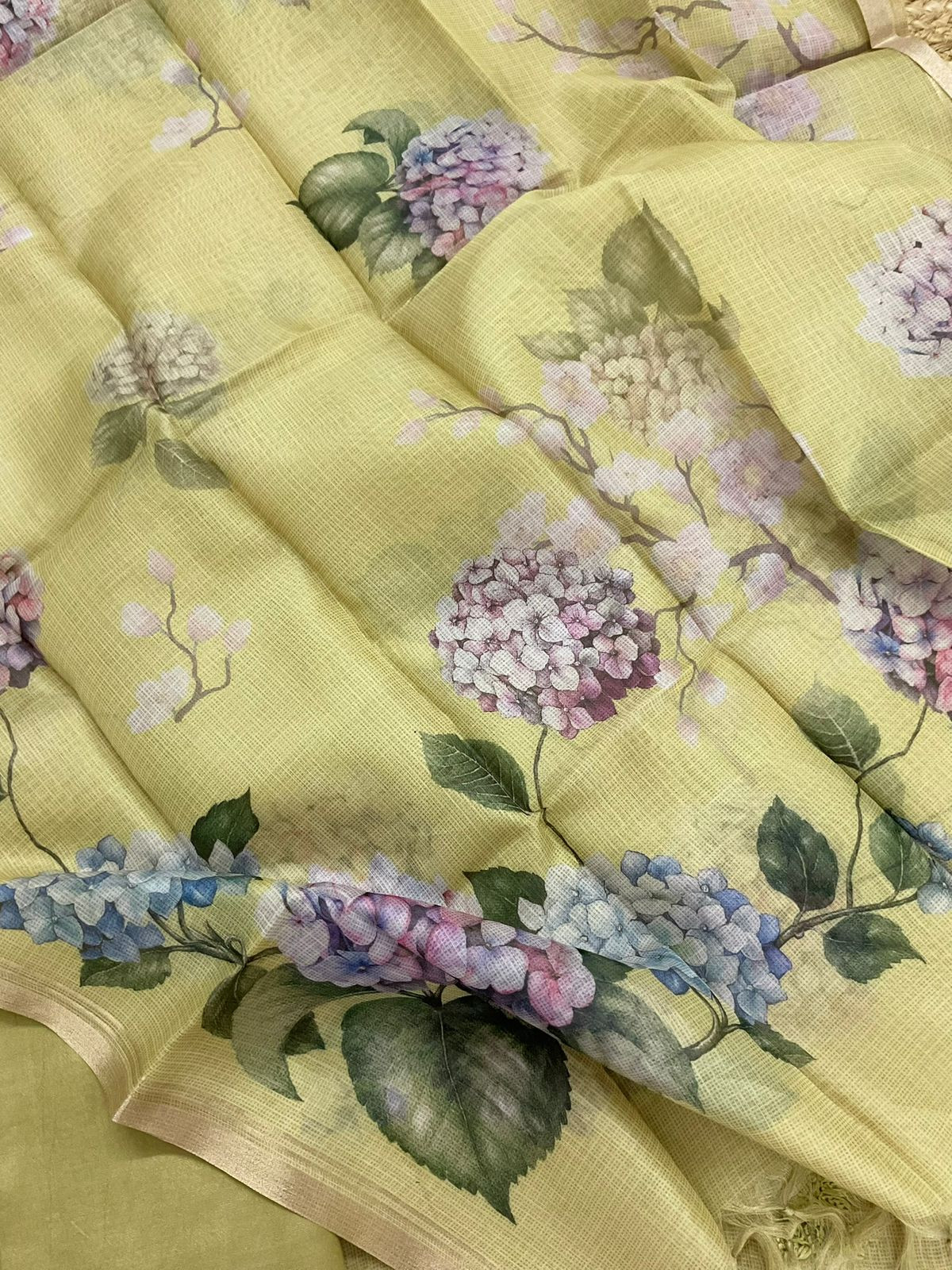 Soft Kota Silk Printed Embroidered Suit - Yellowish Green